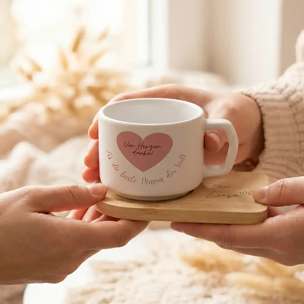 Kaffeetasse personalisiert Muttertag Von Herzen danke – Rosa Herz – made in Hamburg