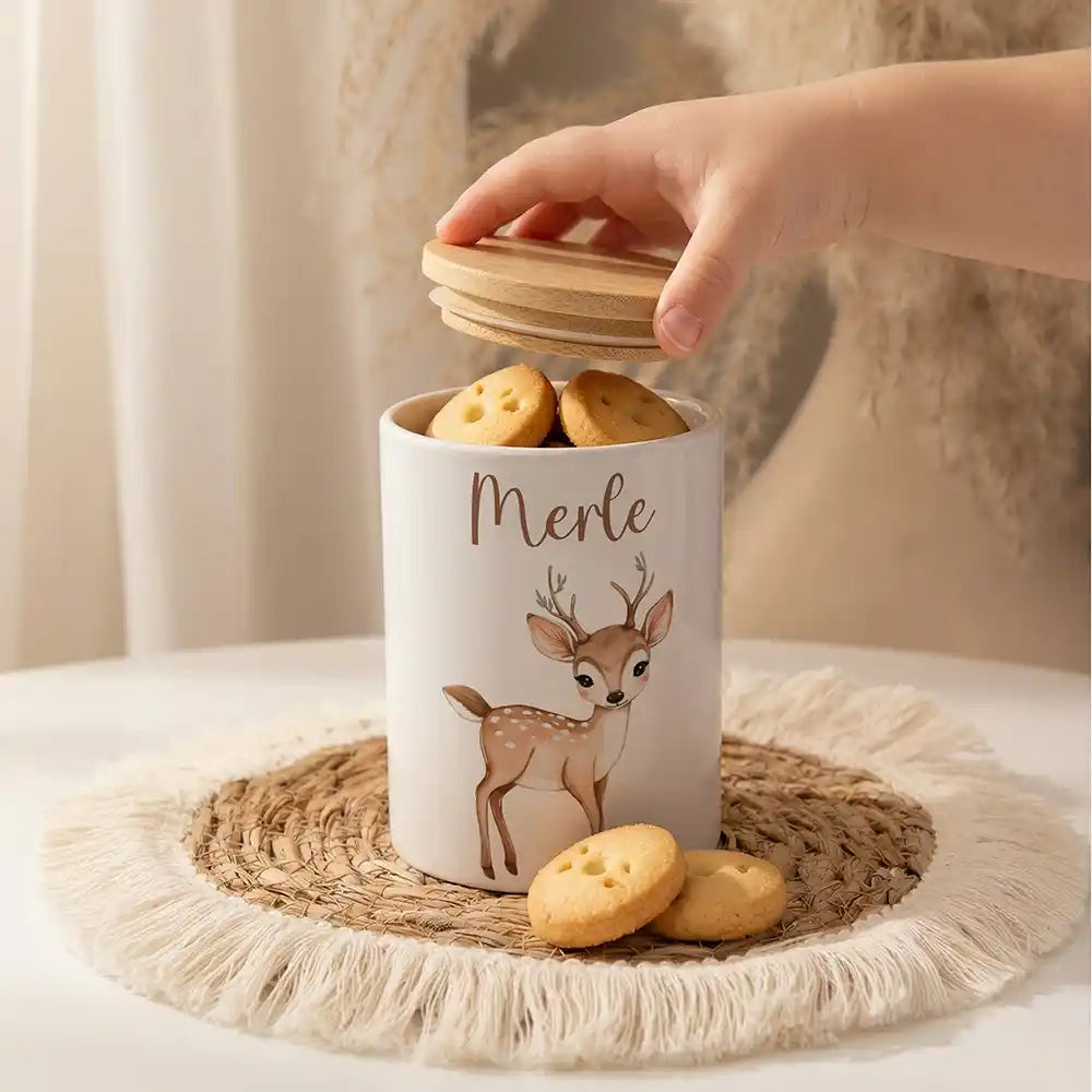 Personalisierte Keksdose Rehkitz Bambi als Zahnbürsten- & Stiftehalter (2-in-1)