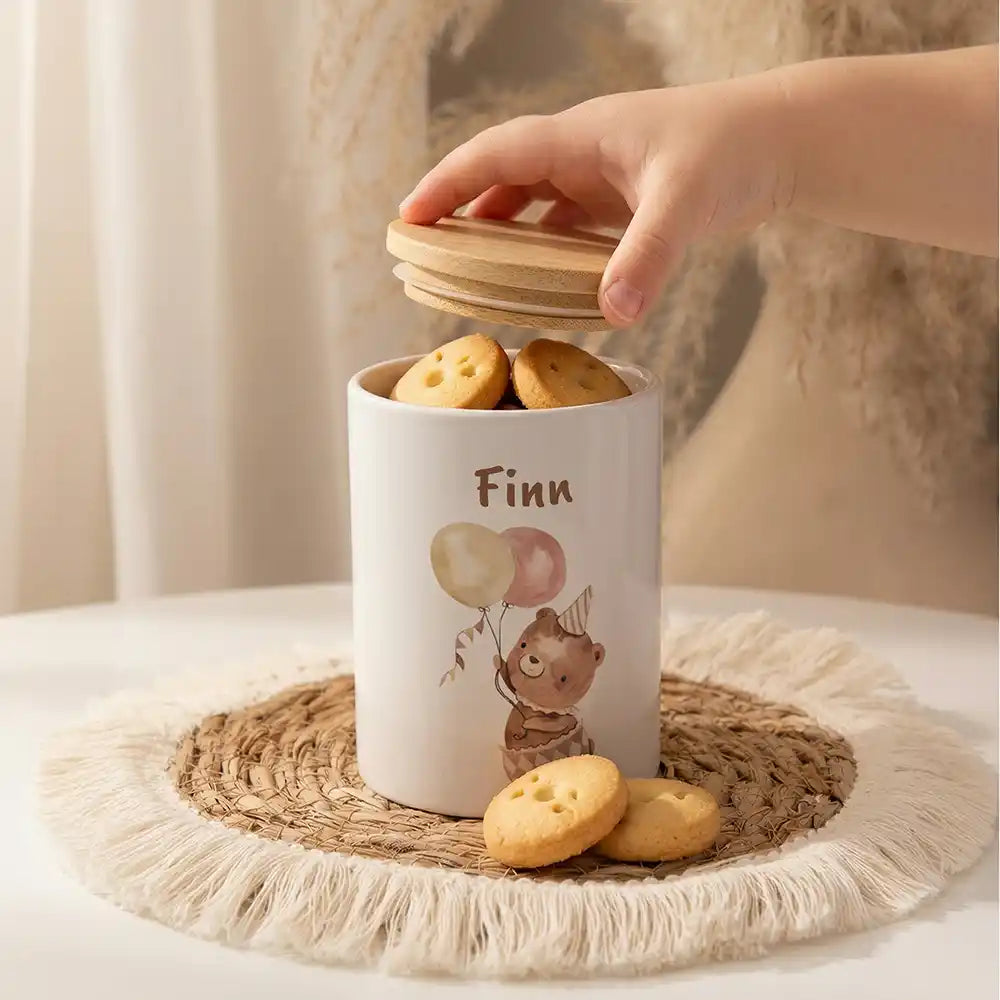 Personalisierte Keksdose Bär Geburtstag als Zahnbürsten- & Stiftehalter (2-in-1)