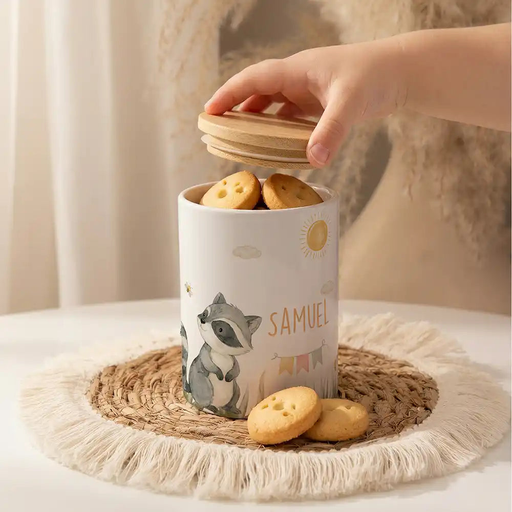 Personalisierte Keksdose Waschbär Sommer als Zahnbürsten- & Stiftehalter (2-in-1)
