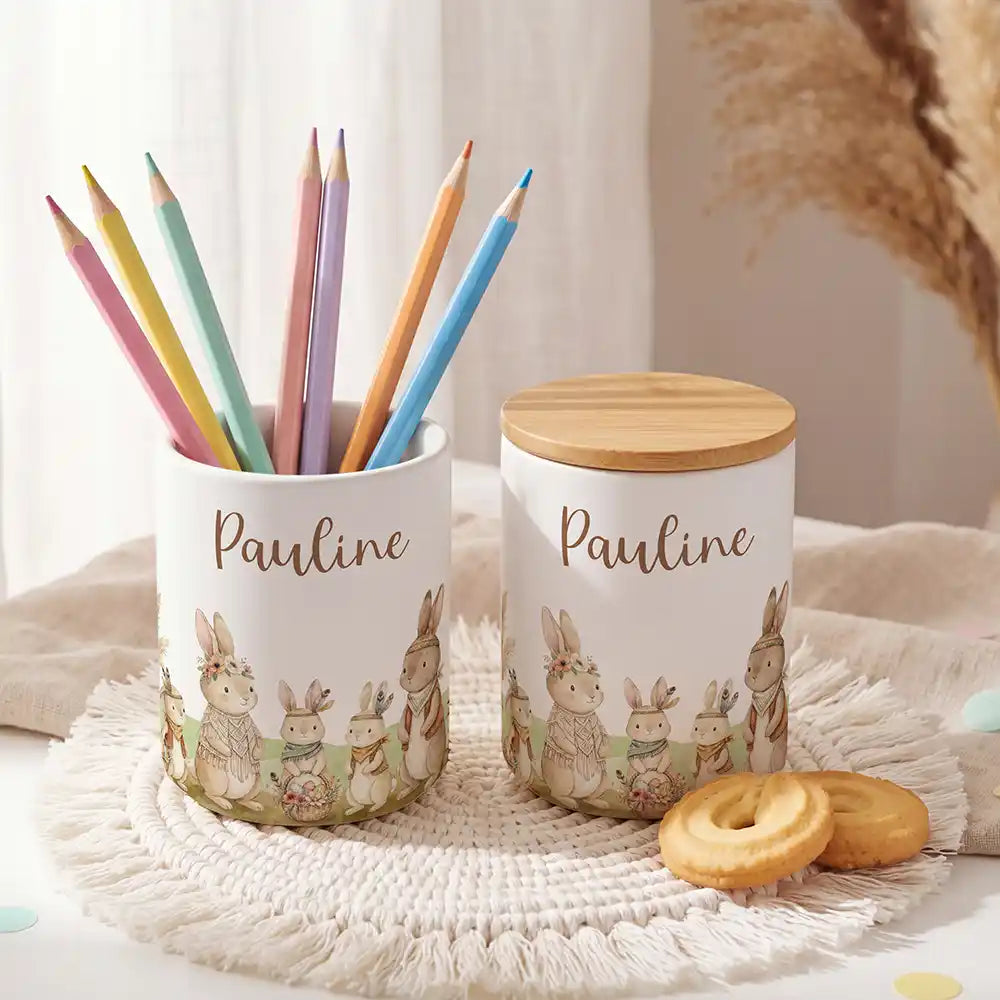 Personalisierte Keksdose Boho-Hasen - liebevoll personalisiert