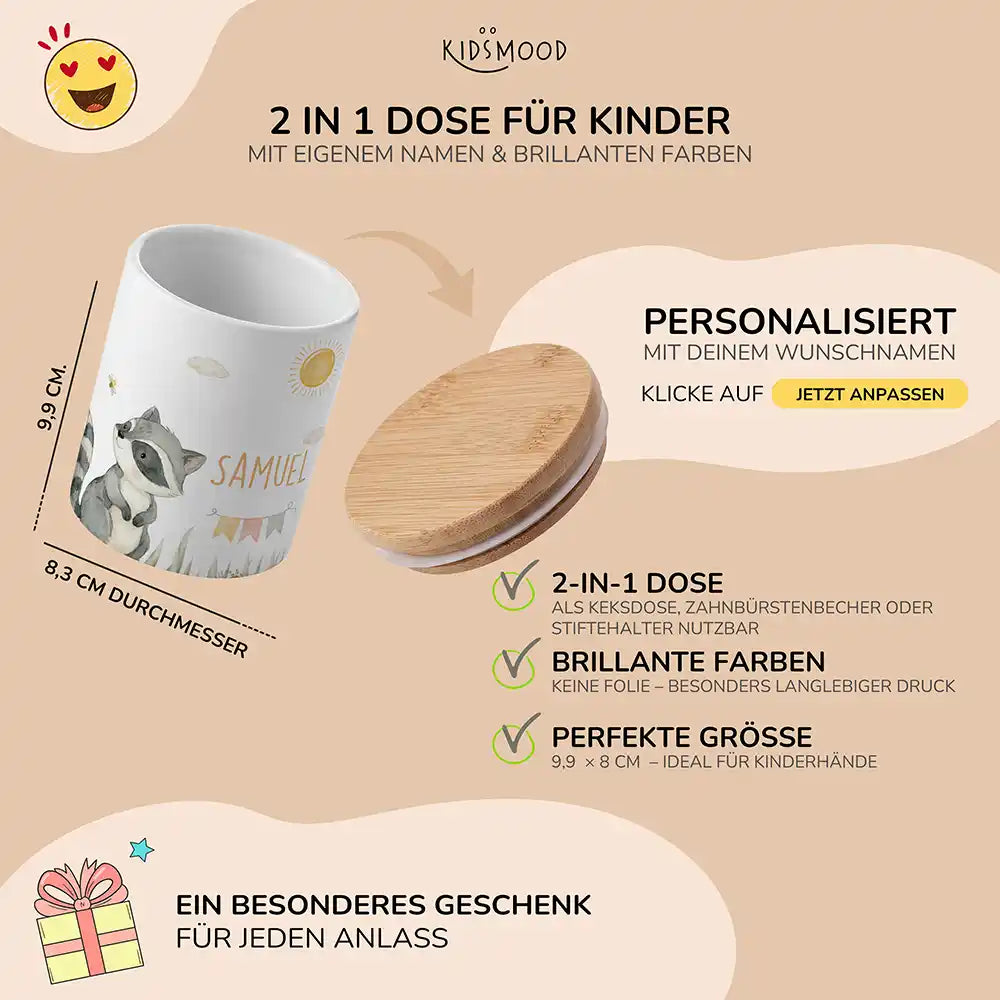 Personalisierte Keksdose Waschbär Sommer - mit eigenem Namen fuer kleine Schleckermaeuler
