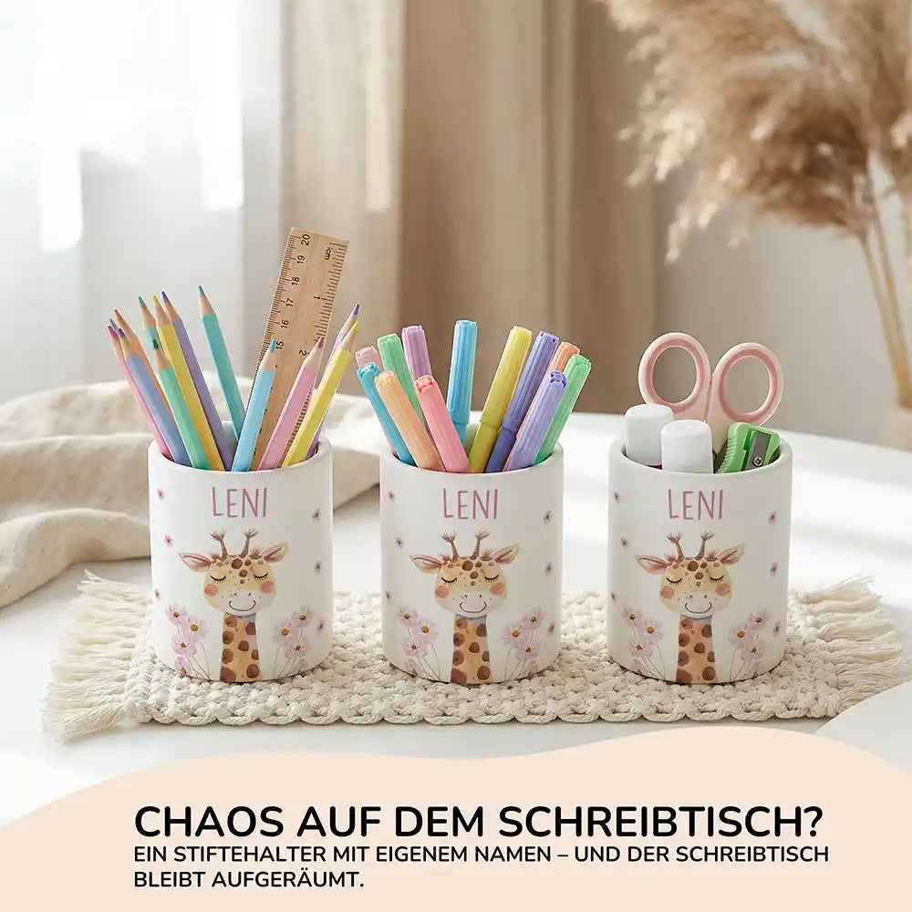 Personalisierter Stiftehalter Giraffe Blumen aus Keramik - Wunschname - Kidsmood.de