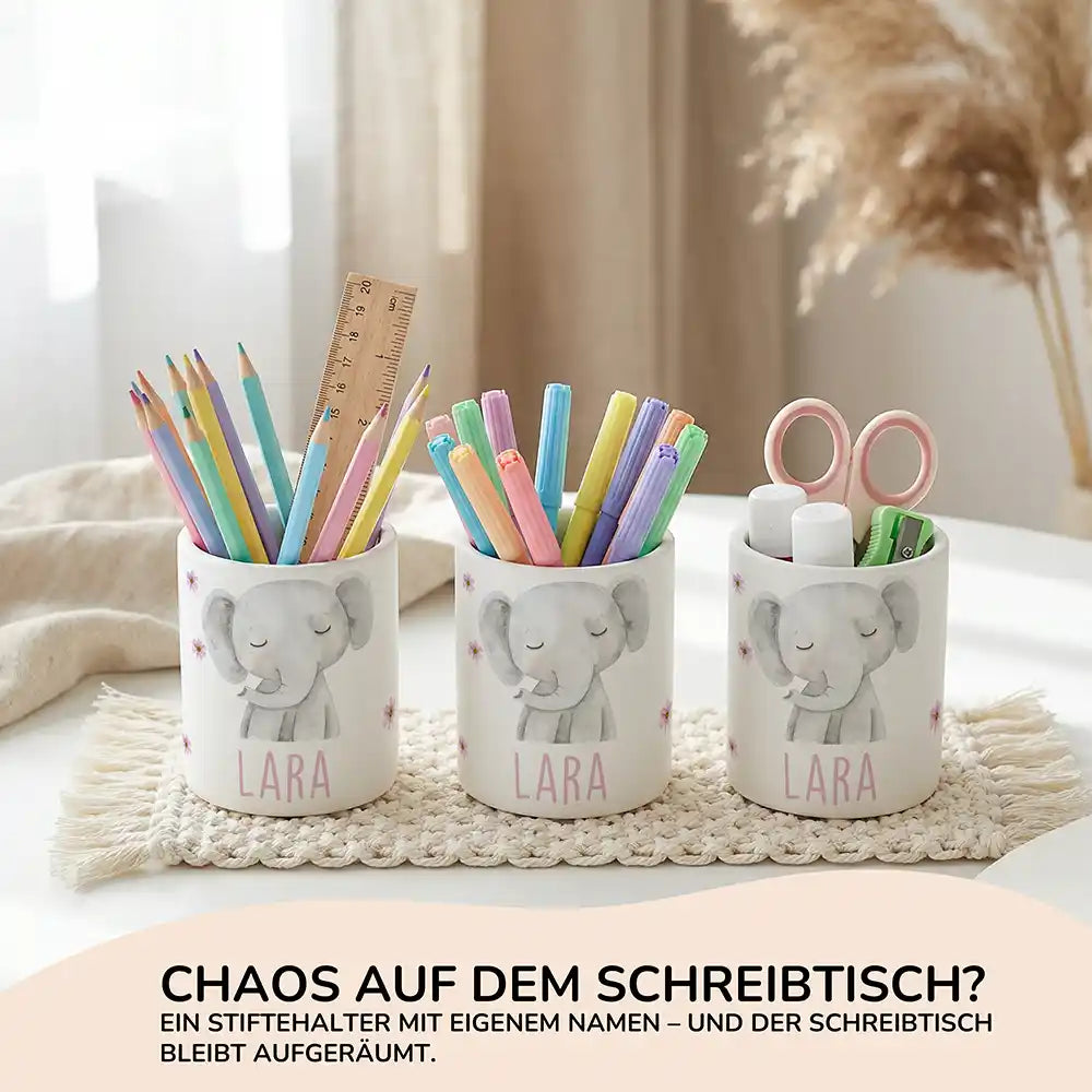 Personalisierter Stiftehalter Elefant Blumen aus Keramik - Wunschname - Kidsmood.de