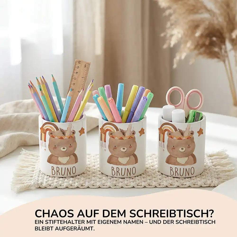 Personalisierter Stiftehalter Boho-Bär aus Keramik - Wunschname - Kidsmood.de