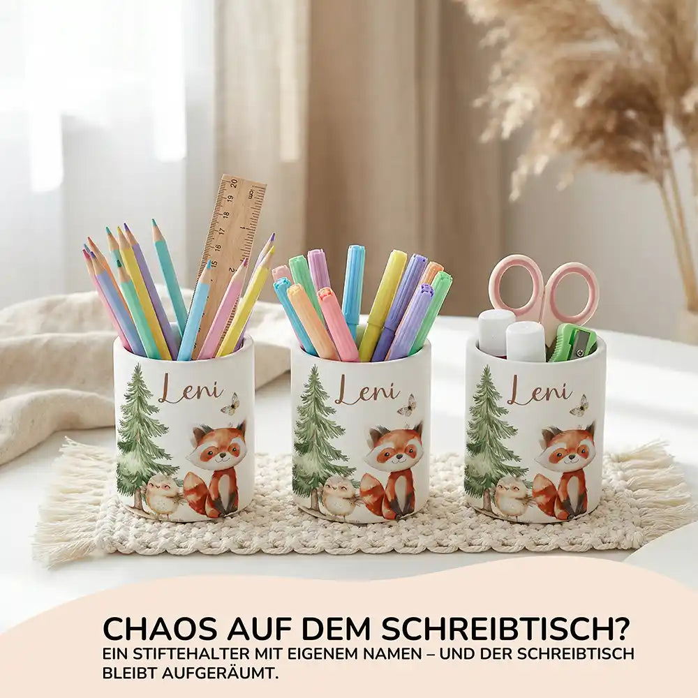 Personalisierter Stiftehalter Roter Panda & Eule aus Keramik - Wunschname - Kidsmood.de