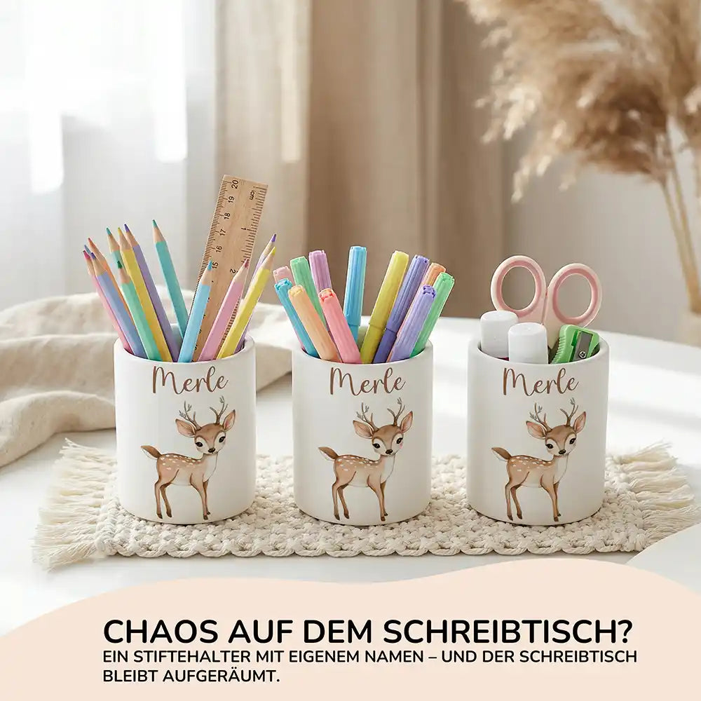 Personalisierter Stiftehalter Rehkitz Bambi aus Keramik - Wunschname - Kidsmood.de