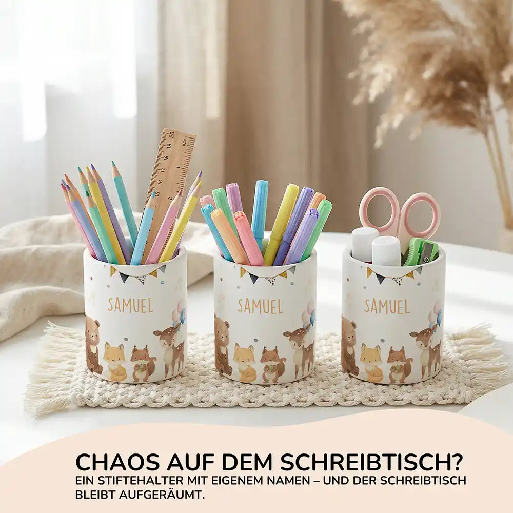 Personalisierter Stiftehalter Waldtiere Party aus Keramik - Wunschname - Kidsmood.de