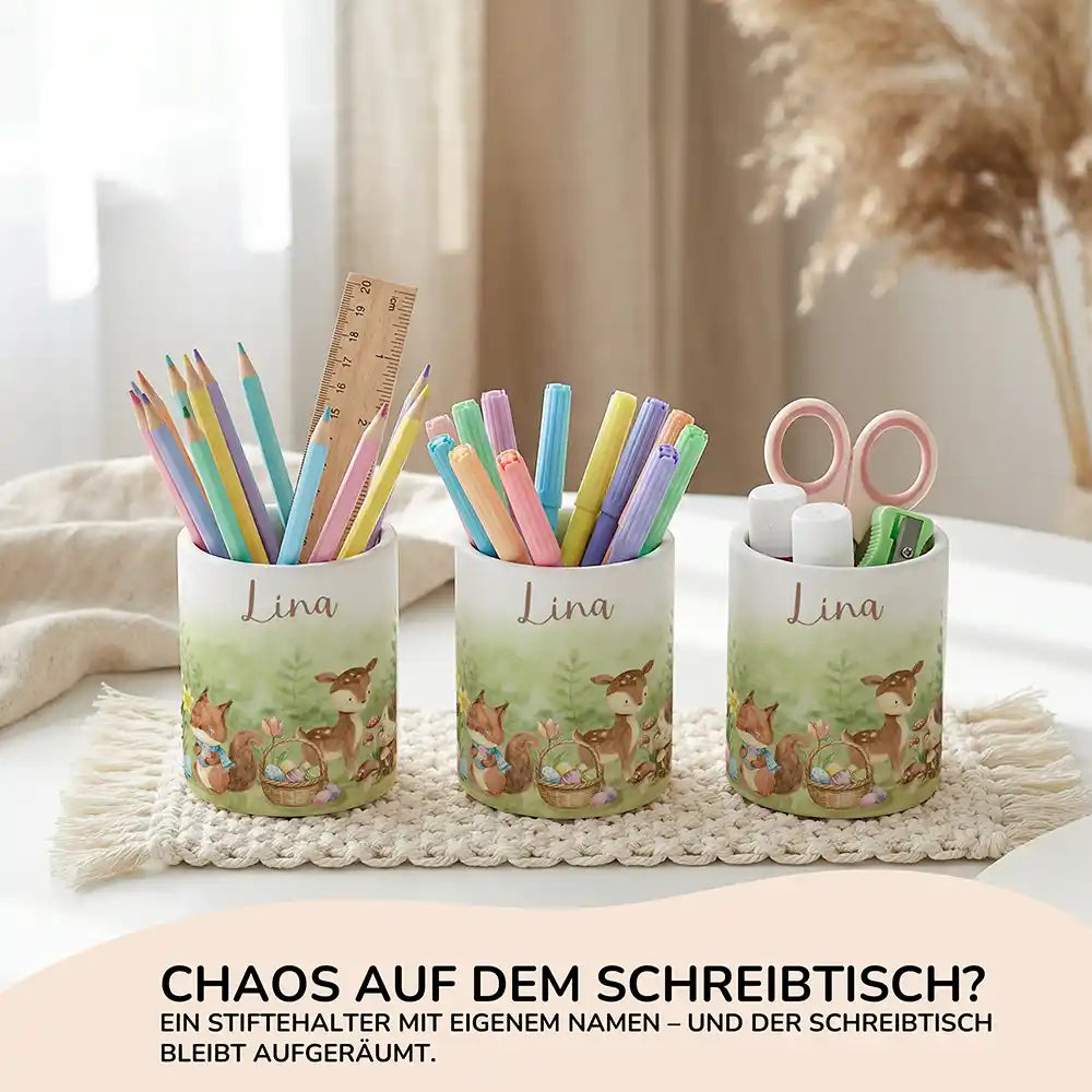 Personalisierter Stiftehalter Ostern Reh & Fuchs aus Keramik - Wunschname - Kidsmood.de