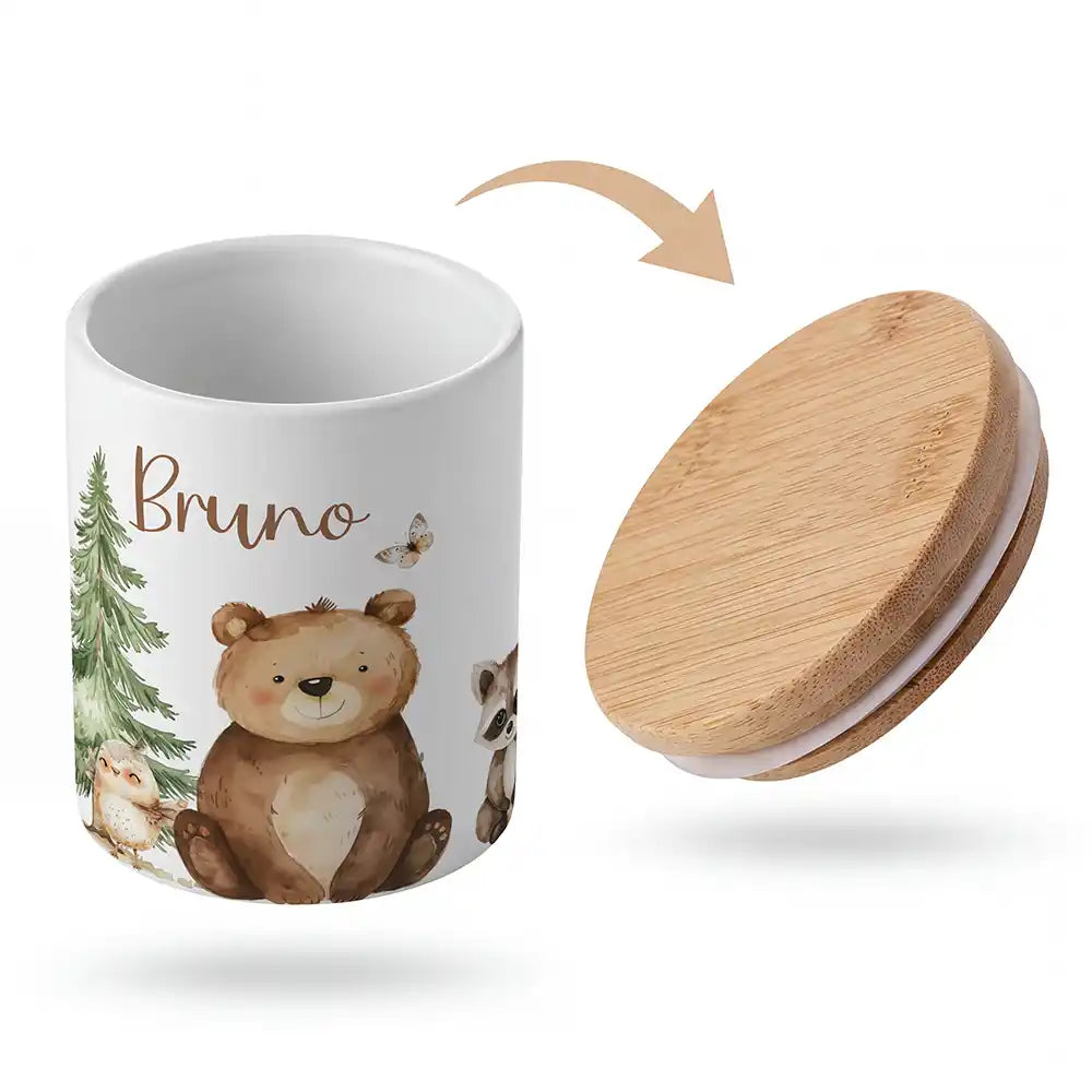 Keramik-Keksdose Bär & Waschbär mit Wunschnamen - Kinderzimmer-Geschenk