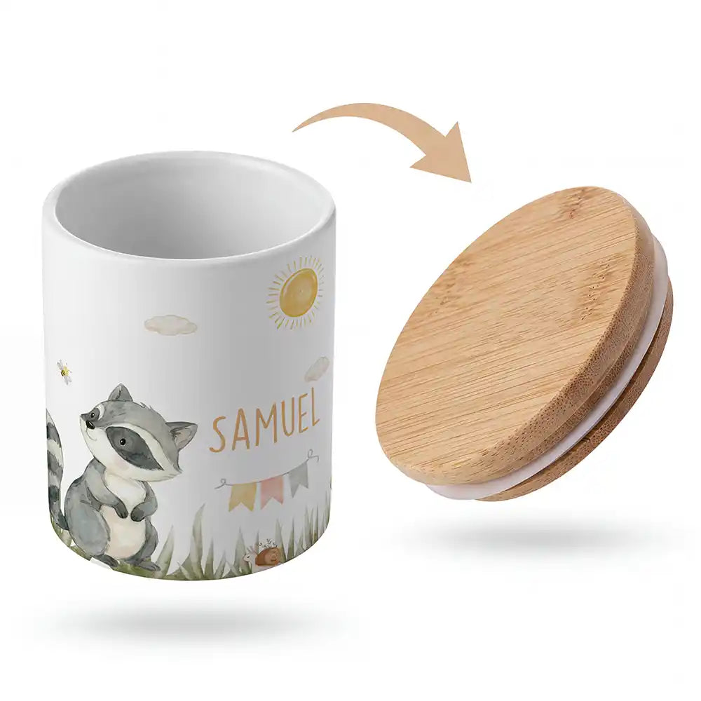 Keramik-Keksdose Waschbär Sommer mit Wunschnamen - Kinderzimmer-Geschenk