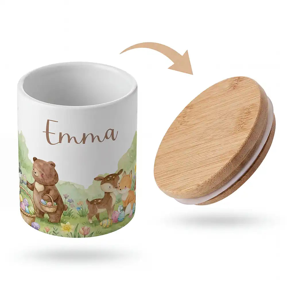 Keramik-Keksdose Ostern Bärenfamilie mit Wunschnamen - Kinderzimmer-Geschenk