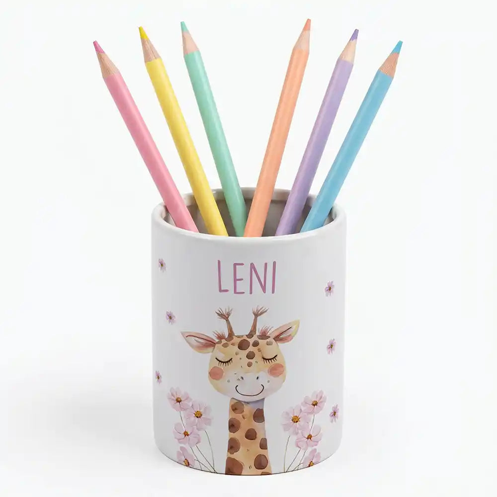Personalisierter Stiftehalter Giraffe Blumen - Keramik-Dose (auch als Spardose nutzbar)