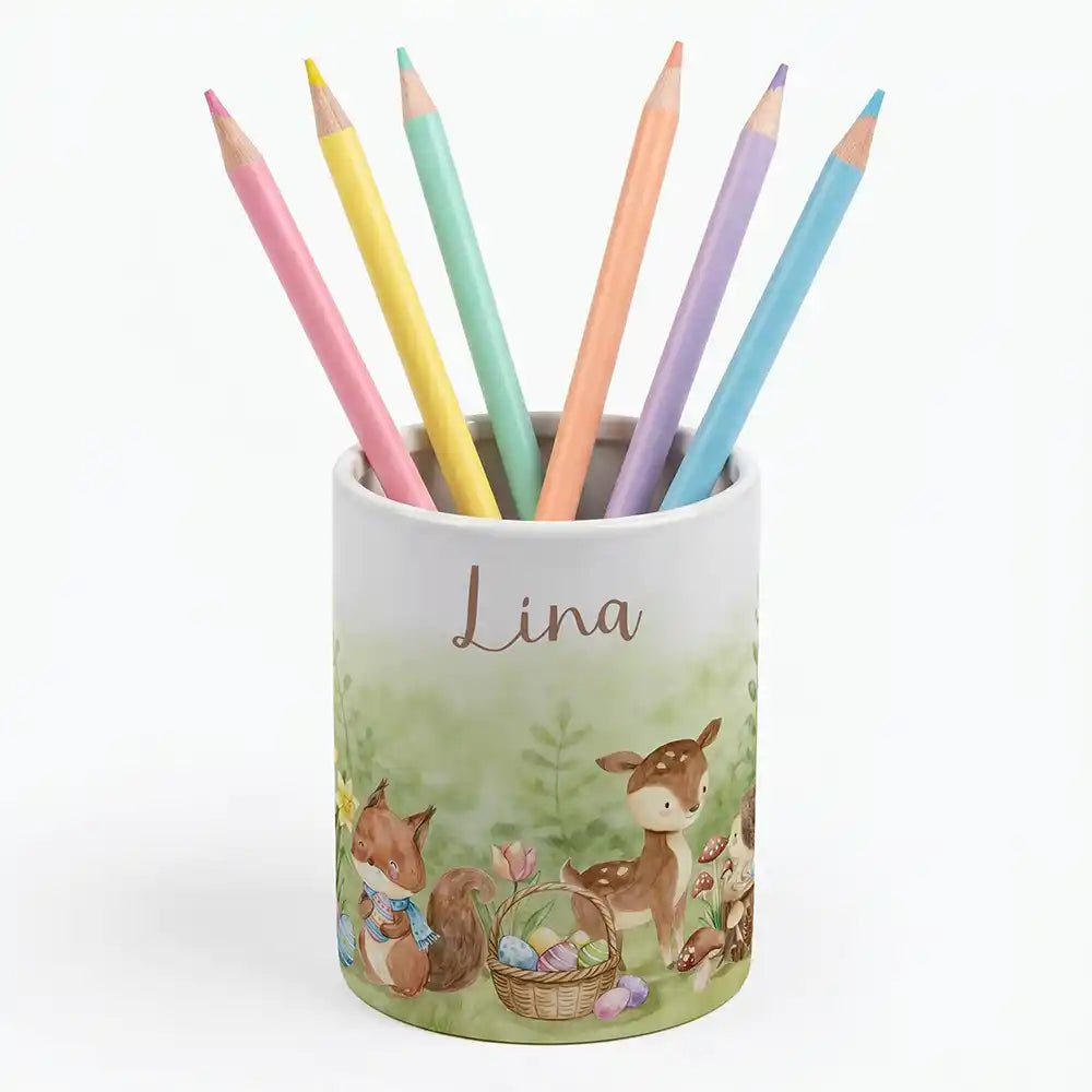 Personalisierter Stiftehalter Ostern Reh & Fuchs - Keramik-Dose (auch als Spardose nutzbar)
