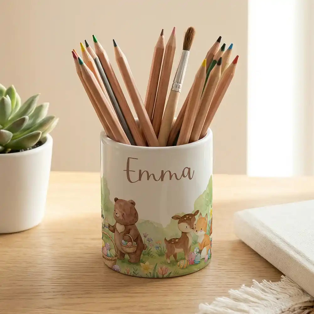 Personalisierter Stiftehalter Ostern Bärenfamilie - Keramik weiß-matt - Detailansicht