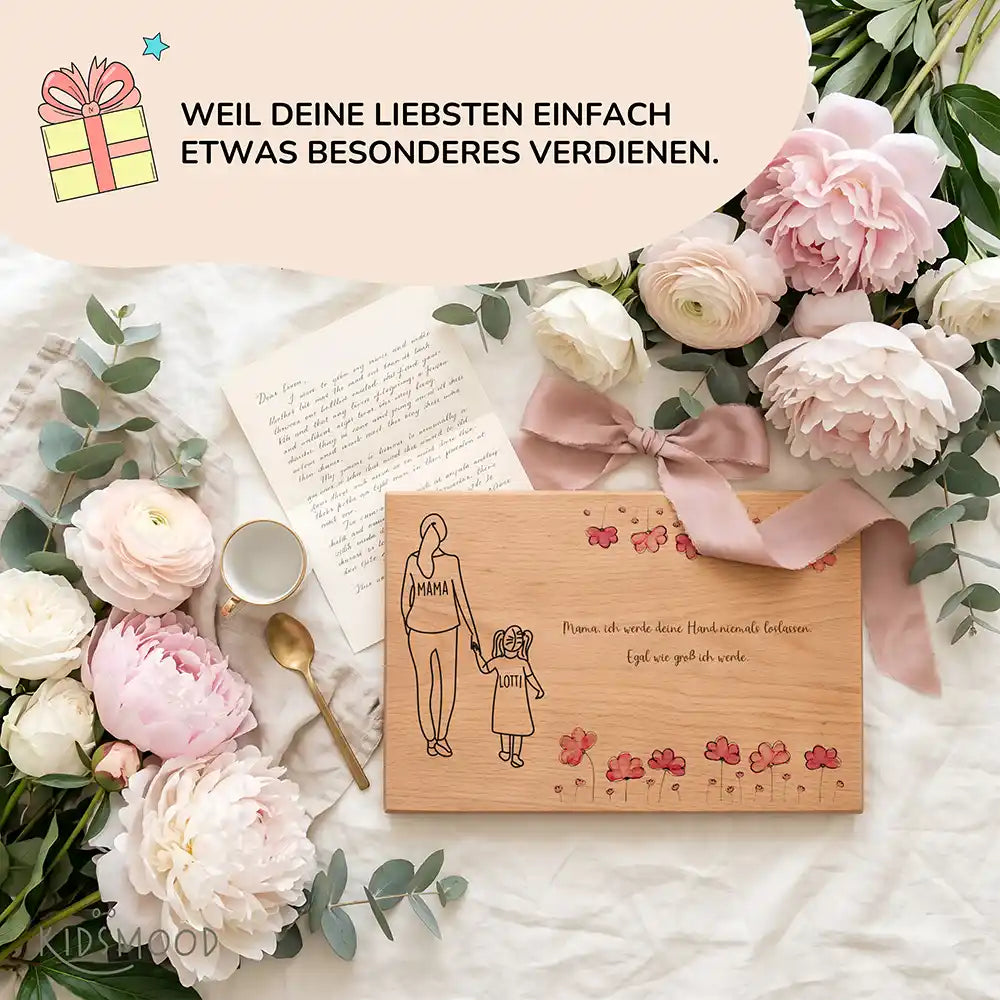 Personalisiertes Frühstücksbrettchen Muttertag Mama & Tochter Mohnblumen – Made in Hamburg Detail