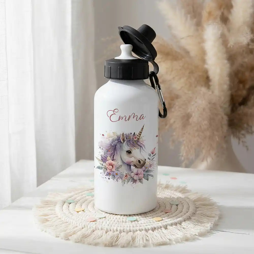 Personalisierte Trinkflasche Kinder Einhorn Blumenkranz – Alu 500 ml Hauptbild mit Wunschname