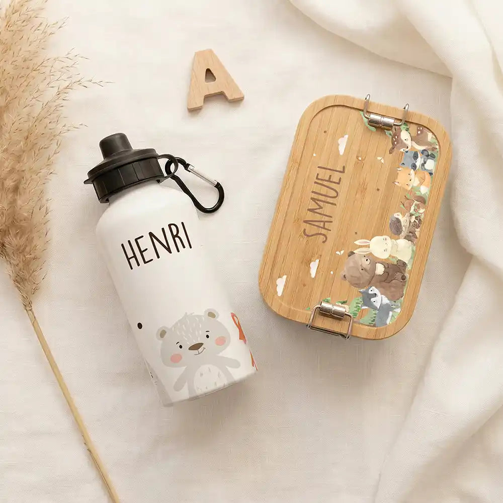 Personalisierte Trinkflasche Kinder Bär & Fuchs – Geschenk zur Einschulung & Taufe