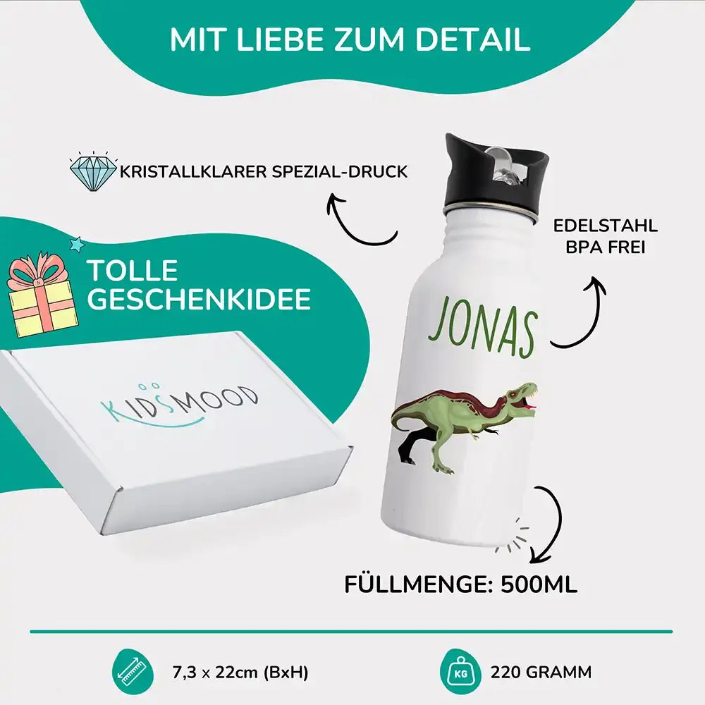 personalisierte trinkflasche für kinder mit dino abenteuer design