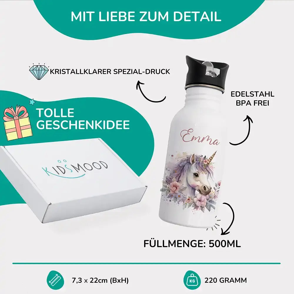 personalisierte trinkflasche für kinder mit einhorn und blüten design