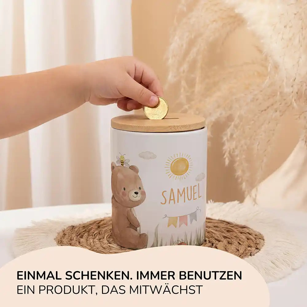 Personalisierte Spardose Bär Sommer – Keramik & Bambus mit Wunschname
