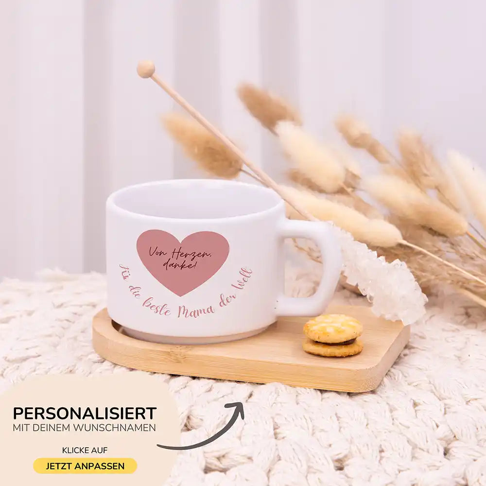 Muttertagsgeschenk Tasse Von Herzen danke – Rosa Herz – Wunschnamen-Gravur auf Bambus