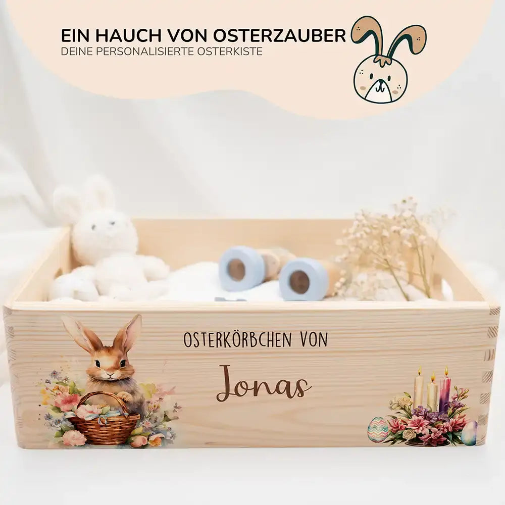 Osterkiste Holz personalisiert - Osterhase mit Kerzen
