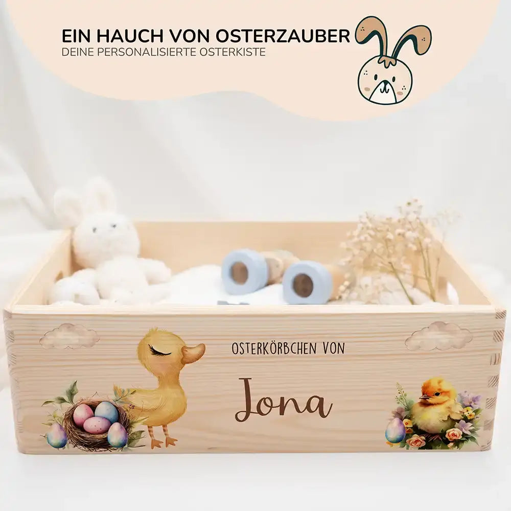 Osterkiste Holz personalisiert - Träumende Küken im Wolkenhimmel