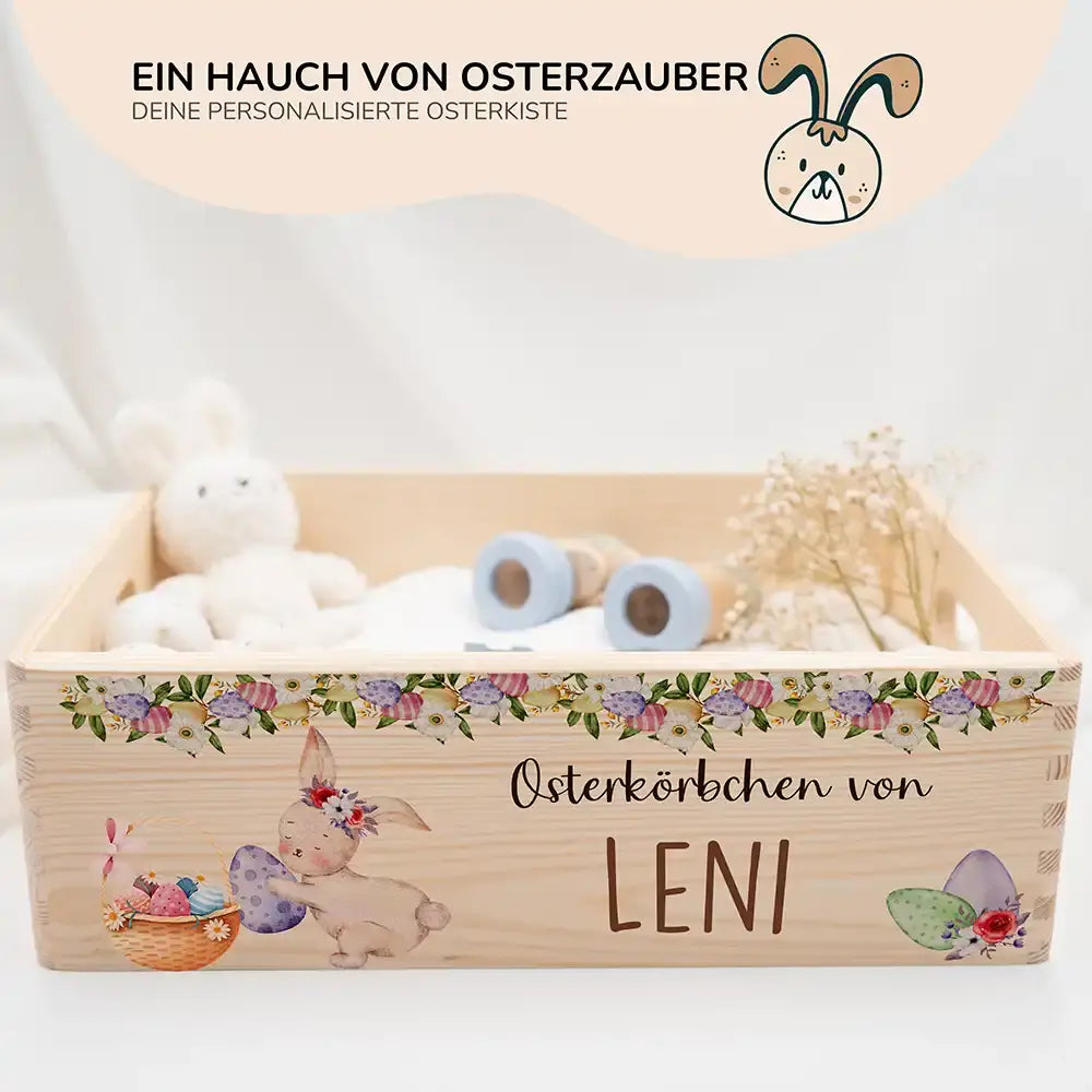 Osterkiste Holz personalisiert - Blütenranken & Häschen