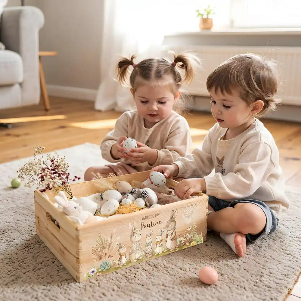 Osterkiste Holz personalisiert - glückliche Hasen