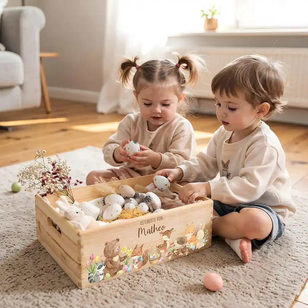 Osterkiste Holz personalisiert - Niedliche Waldtiere