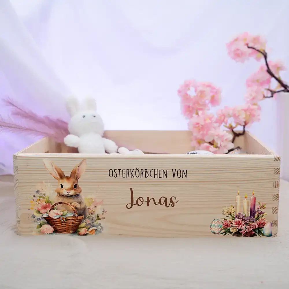 Osterkiste Holz personalisiert - Osterhase mit Kerzen