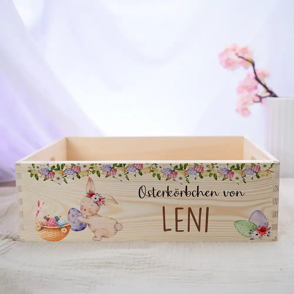 Osterkiste Holz personalisiert - Blütenranken & Häschen