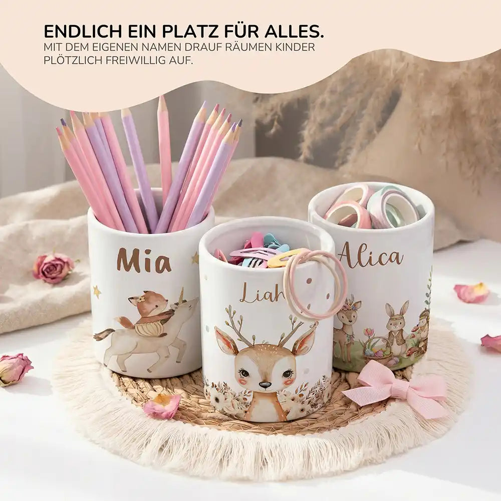 Personalisierter Stiftehalter Rehkitz Zweige - personalisiertes Geschenk mit Wunschnamen