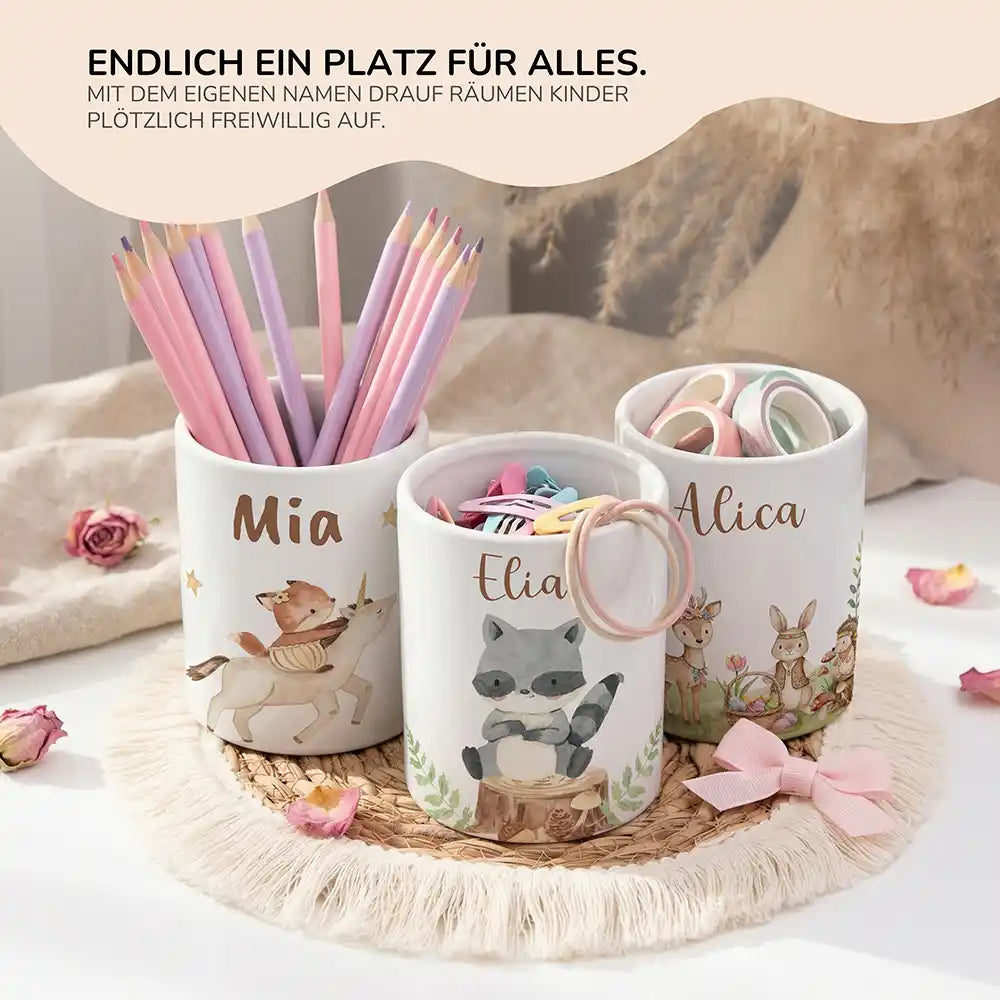 Personalisierter Stiftehalter Waschbär Wald - personalisiertes Geschenk mit Wunschnamen
