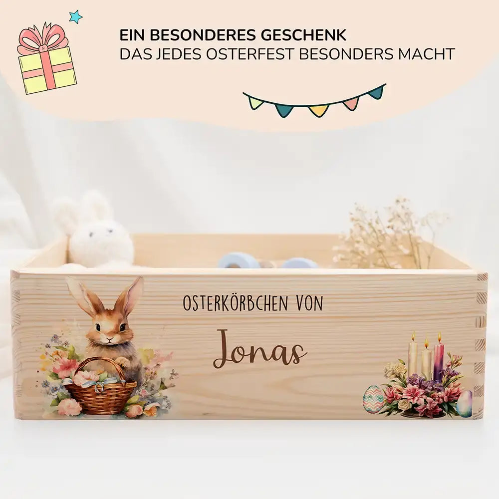 Osterkiste Holz personalisiert - Osterhase mit Kerzen