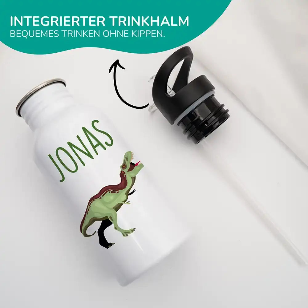 trinkflasche mit trinkhalm und dino abenteuer motiv