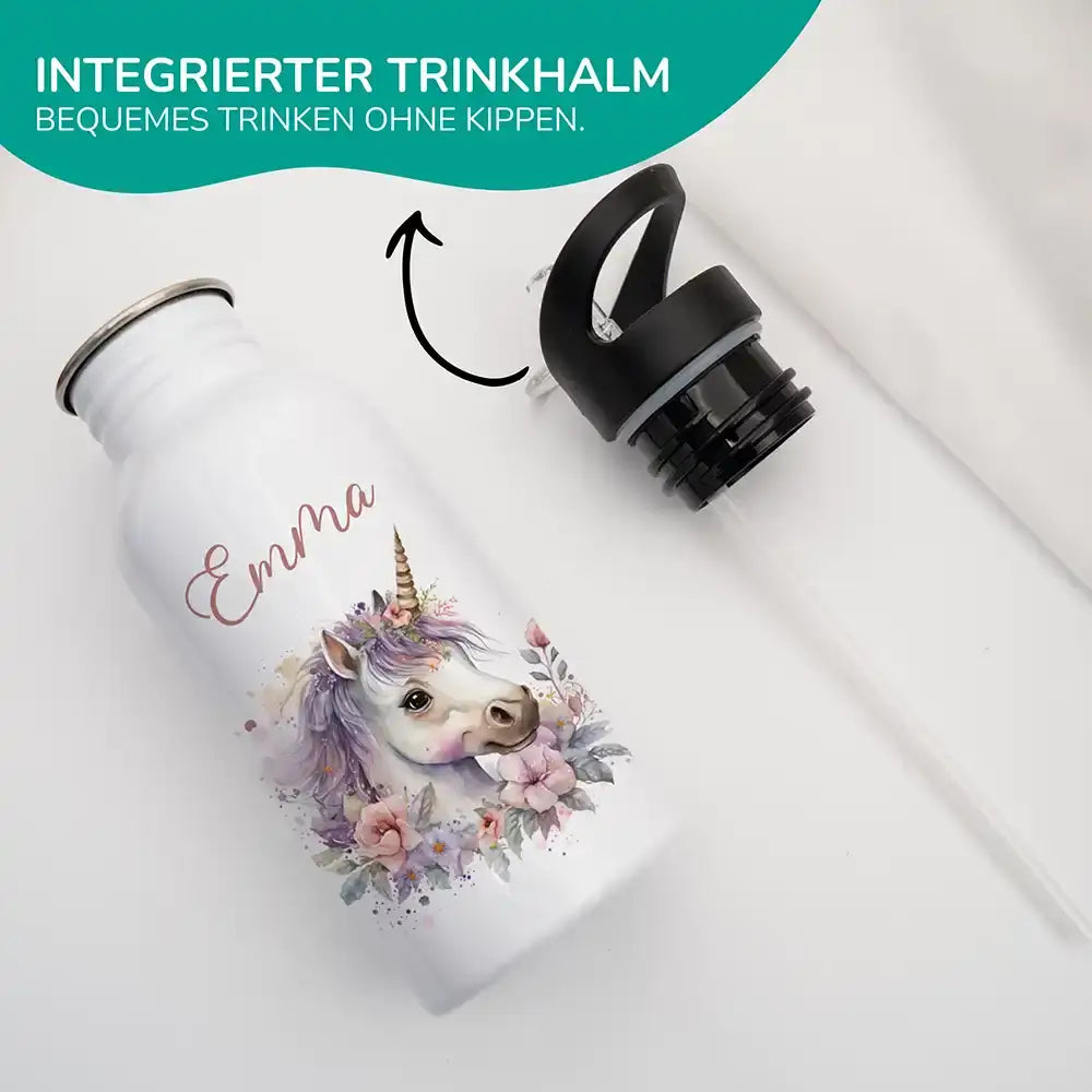 trinkflasche mit trinkhalm und einhorn blüten motiv