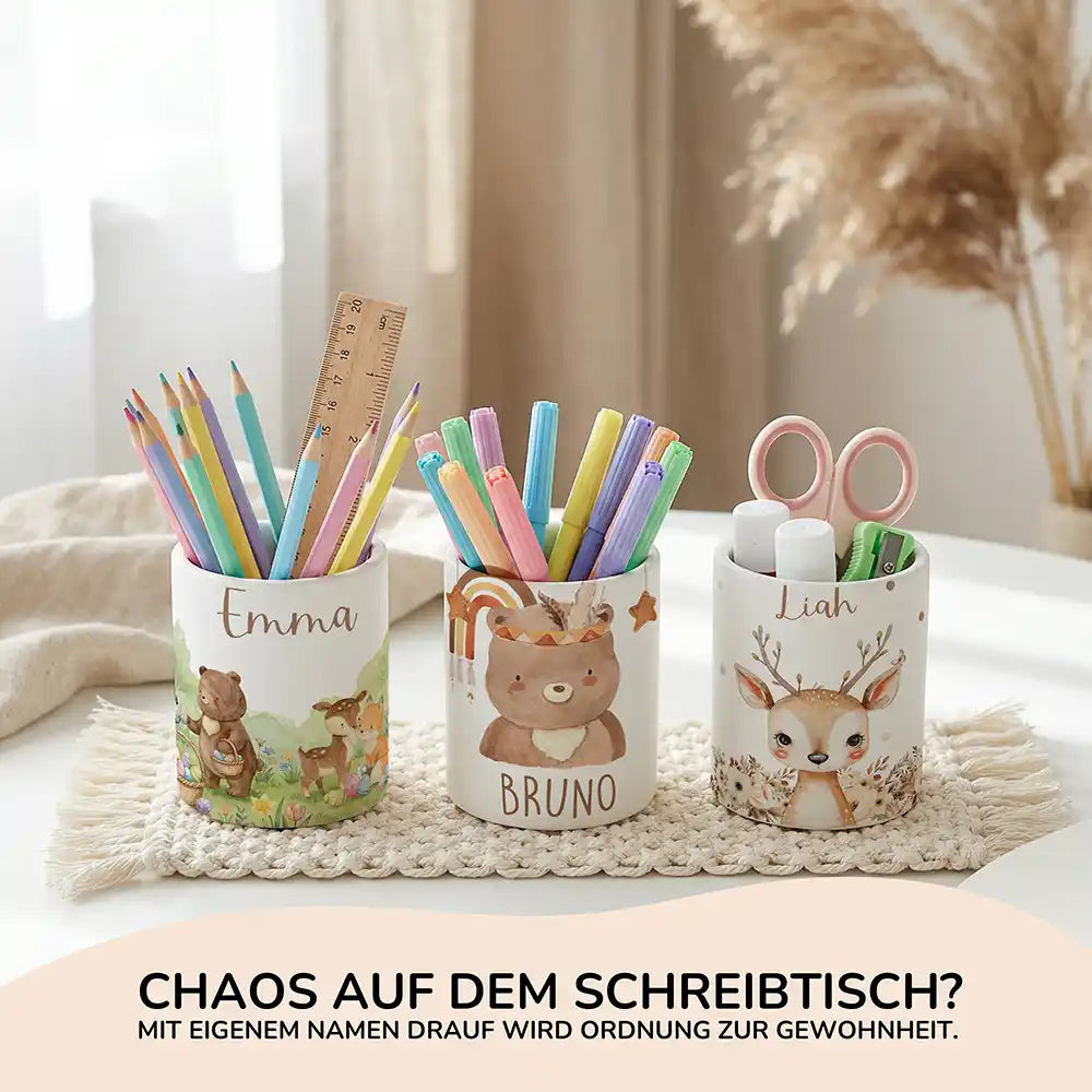 Personalisierte Spardose Boho-Bär – Keramik & Bambus mit Wunschname