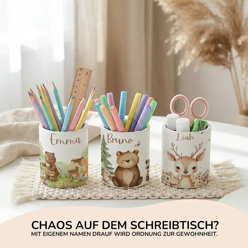 Personalisierte Spardose Bär & Waschbär – Keramik & Bambus mit Wunschname