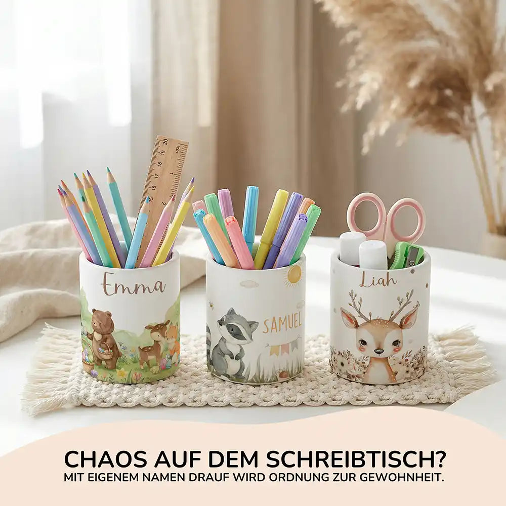 Personalisierte Spardose Waschbär Sommer – Keramik & Bambus mit Wunschname