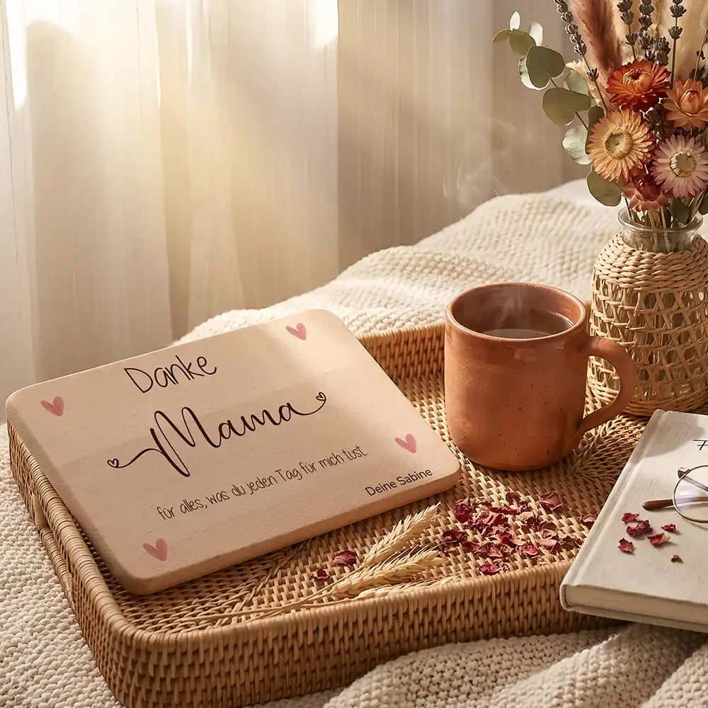 Personalisiertes Frühstücksbrettchen Muttertag Danke Mama Herzen – Motiv-Detail in Naturholz