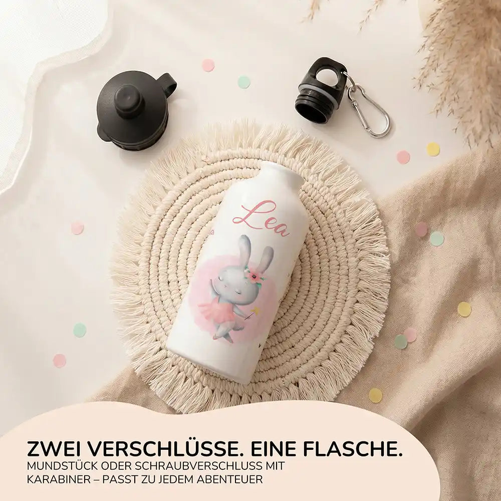 Personalisierte Trinkflasche Kinder Hase Ballerina – beide Verschlüsse mit Karabiner