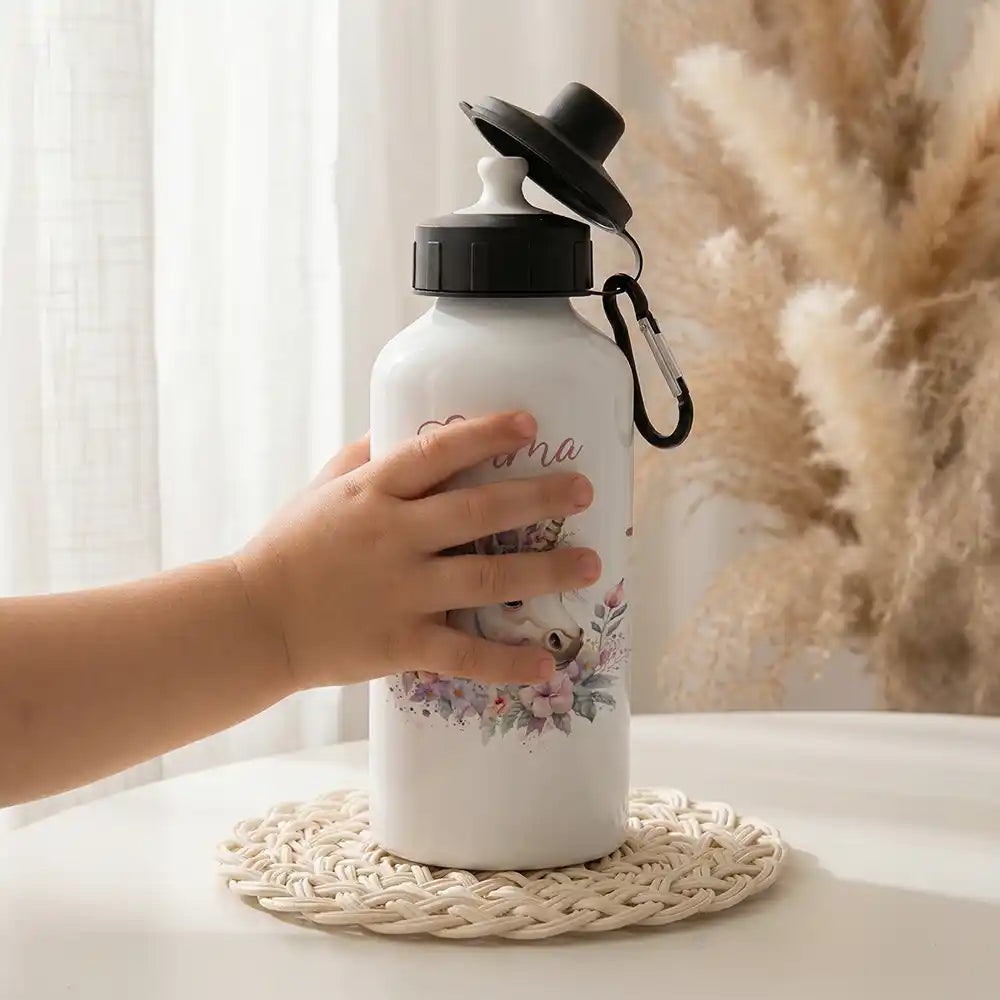 Personalisierte Trinkflasche Kinder Einhorn Blumenkranz – Mundstück & Schraubverschluss Detail