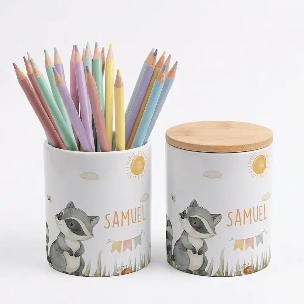 Personalisierte Keksdose Waschbär Sommer - Geschenk zur Taufe, Geburt, Einschulung