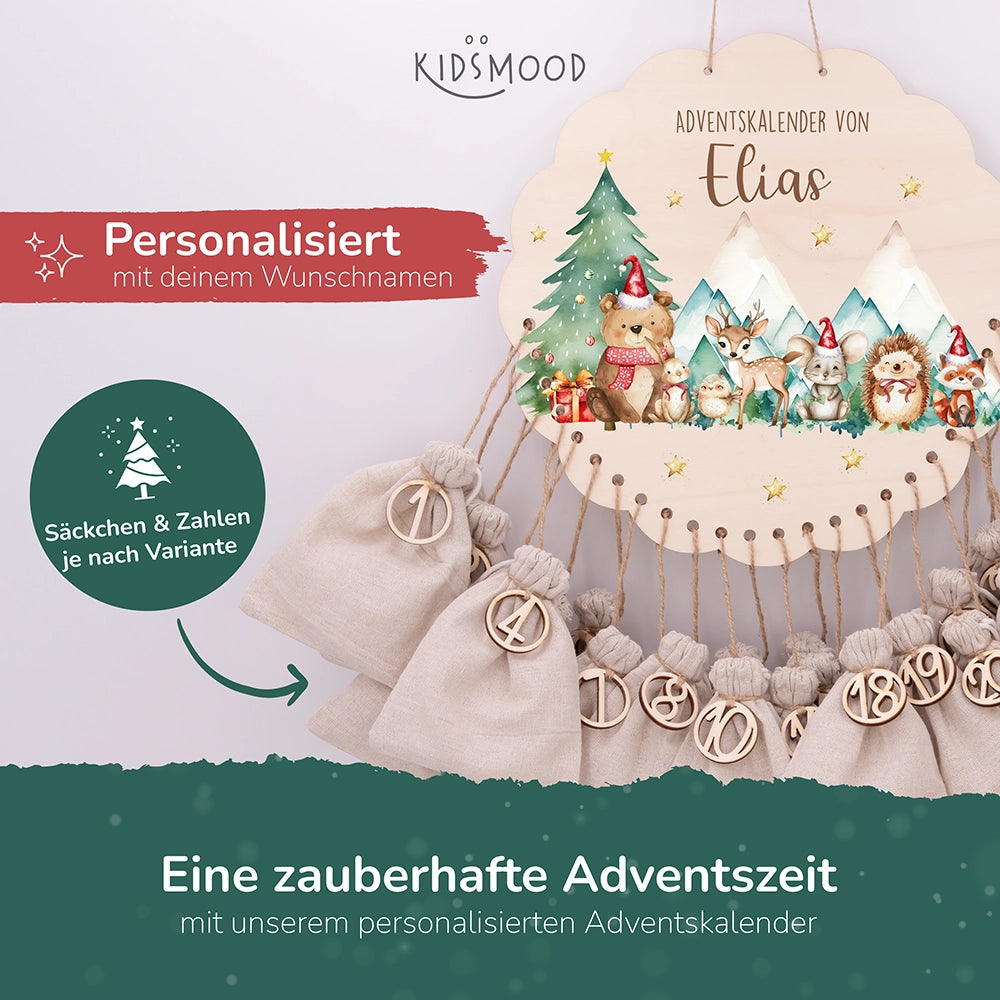 Personalisierter runder Adventskalender Kinder aus Holz  - Winterwald & seine Bewohner