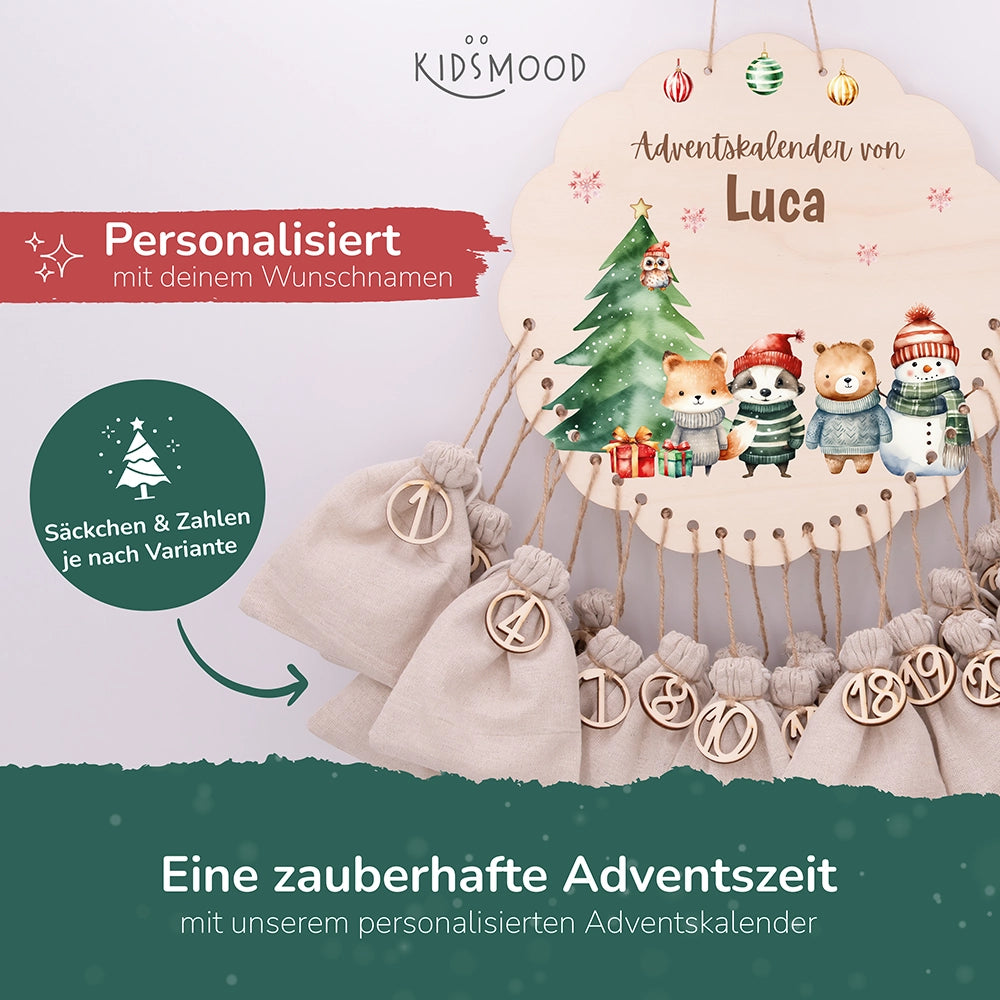 Personalisierter runder Adventskalender Kinder aus Holz  - Tierische Weihnachtsbande
