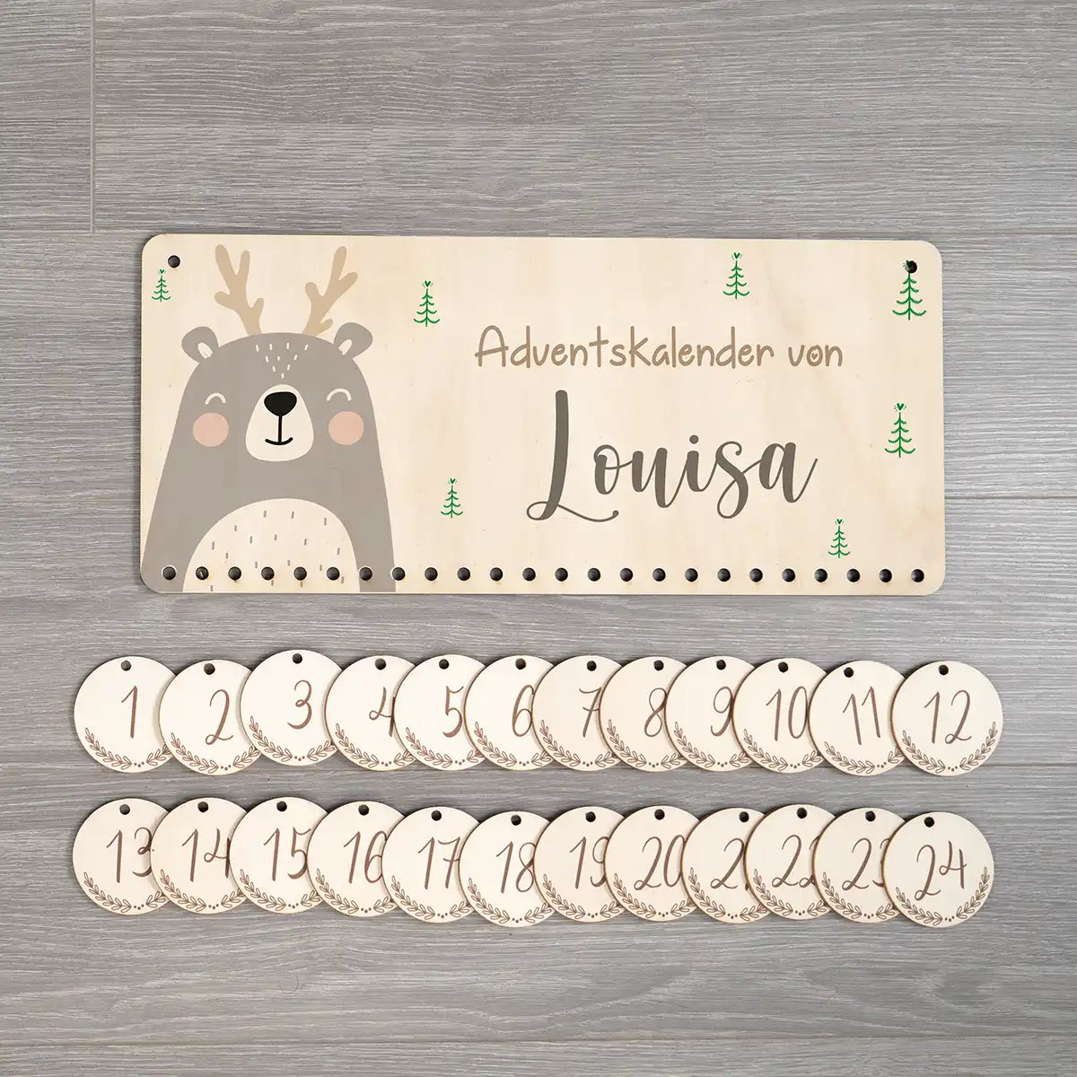 Personalisierbarer Adventskalender farbig - Rentier grau