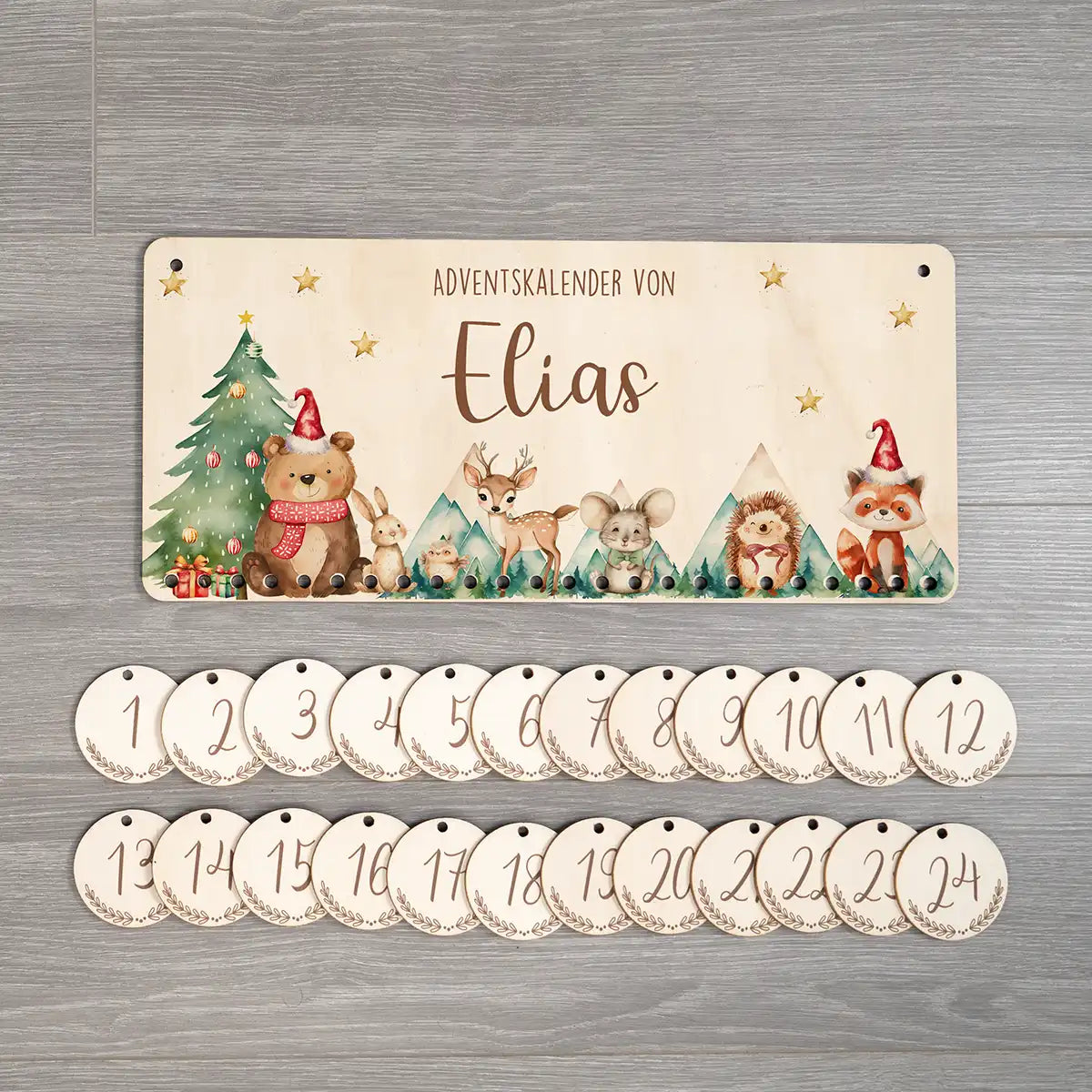 Personalisierbarer Adventskalender farbig - Glückliche Waldtiere