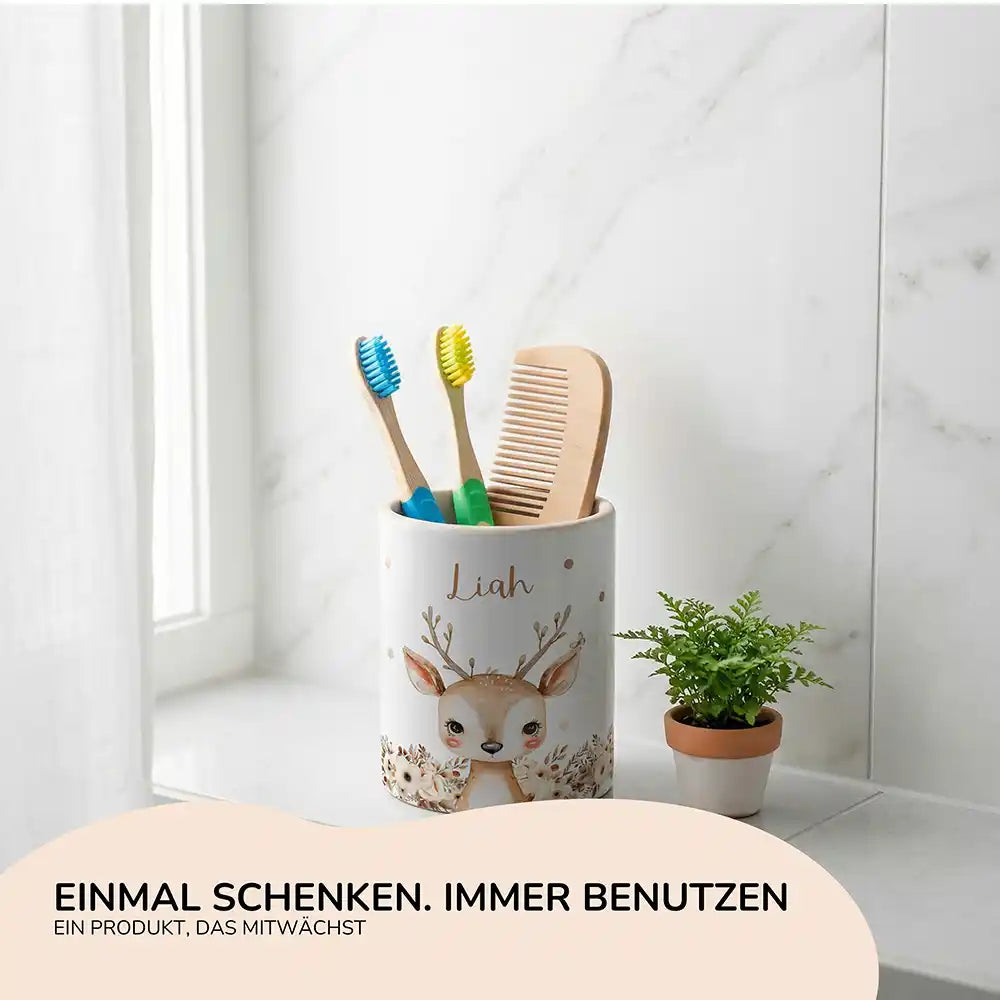 Personalisierter Stiftehalter Rehkitz Zweige - Geschenk zur Einschulung mit Namen